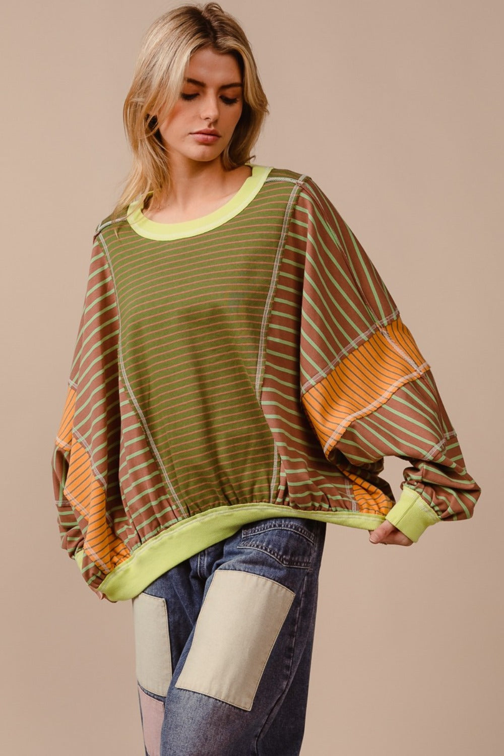 BiBi Color Block Striped Round Neck Sweatshirt Trendsi