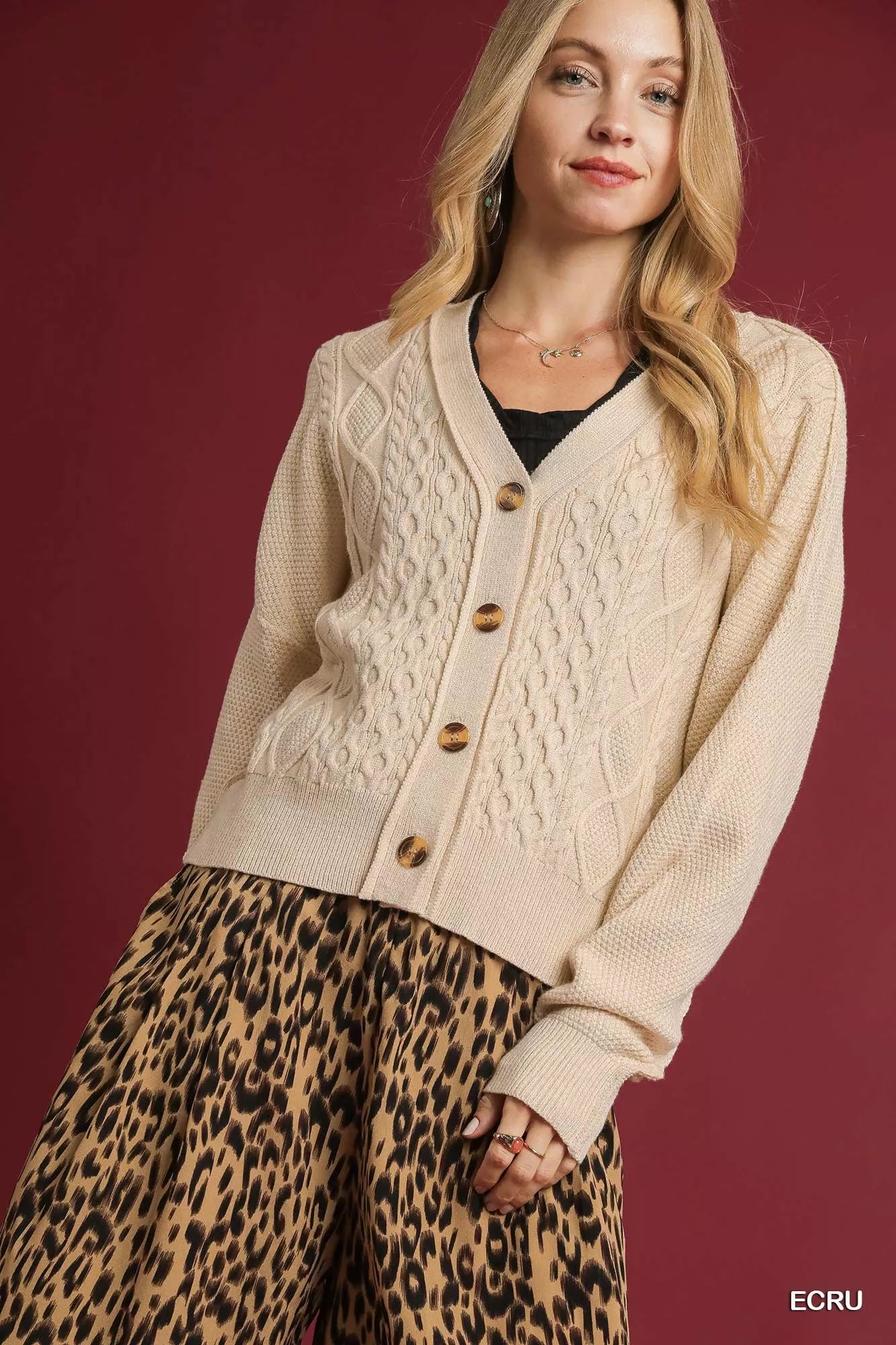 Umgee Chunky Cable Knit V-Neck Button-Up Cardigan ECRU