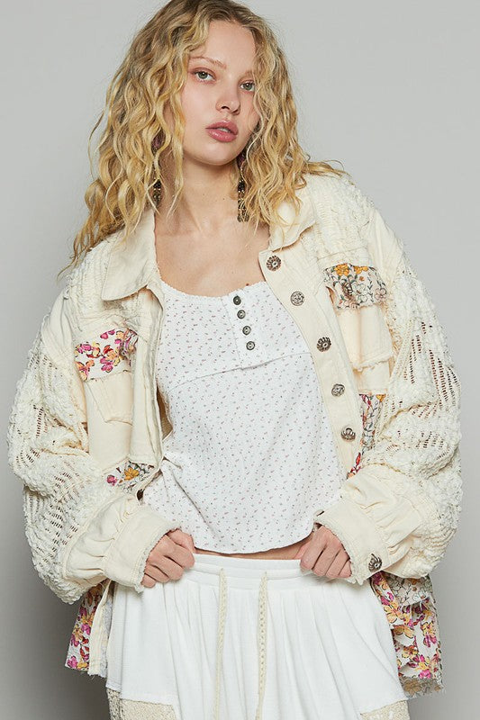 POL Cream Floral Crochet Lace Frayed Edge Button Up Shacket Cream