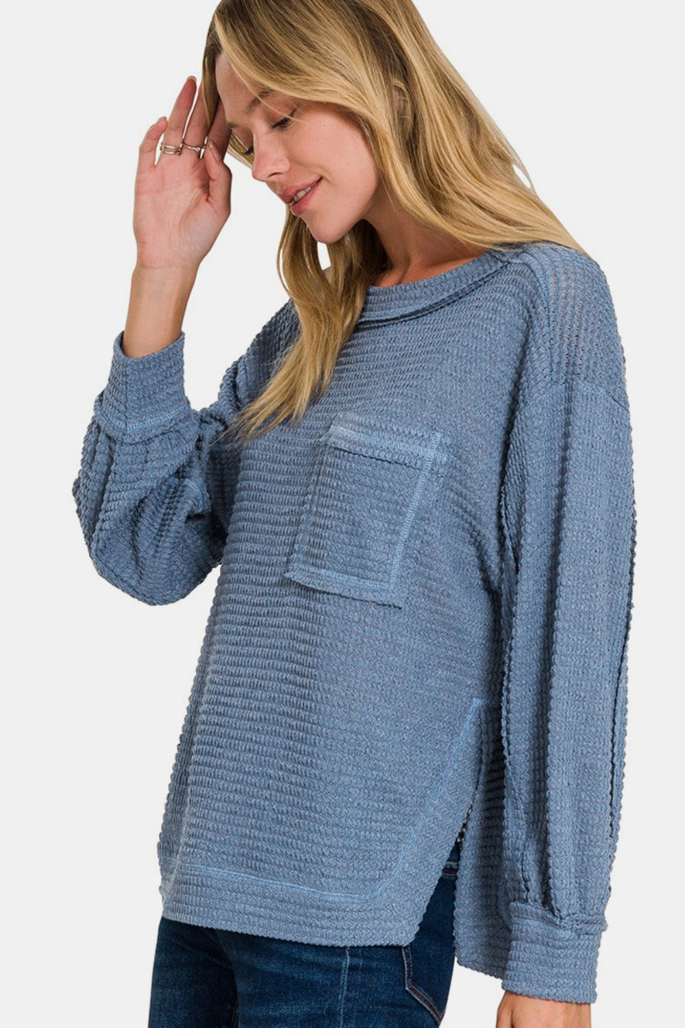 Zenana Dusty Blue Exposed Seam Side Slit Long Sleeve Top Trendsi