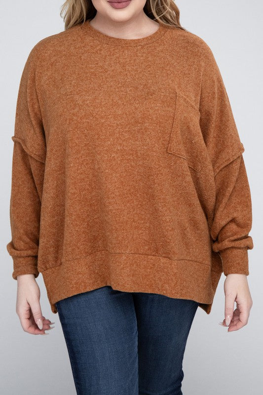 Zenana Plus Size Brushed Melange Drop Shoulder Sweater ALMOND ZENANA