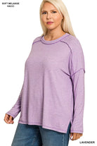 Zenana Lavender Melange Hacci Exposed Seam Hi-low Top