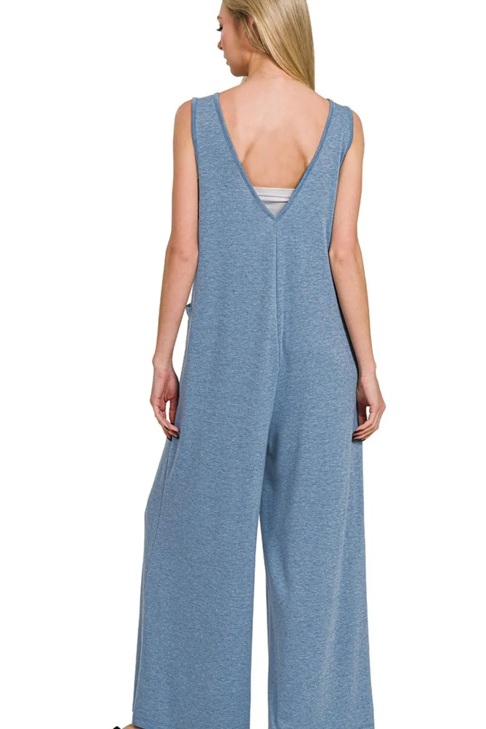 Zenana Dark Pink French Terry Deep V Neck Jumpsuits