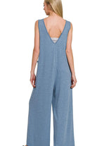Zenana Dark Pink French Terry Deep V Neck Jumpsuits