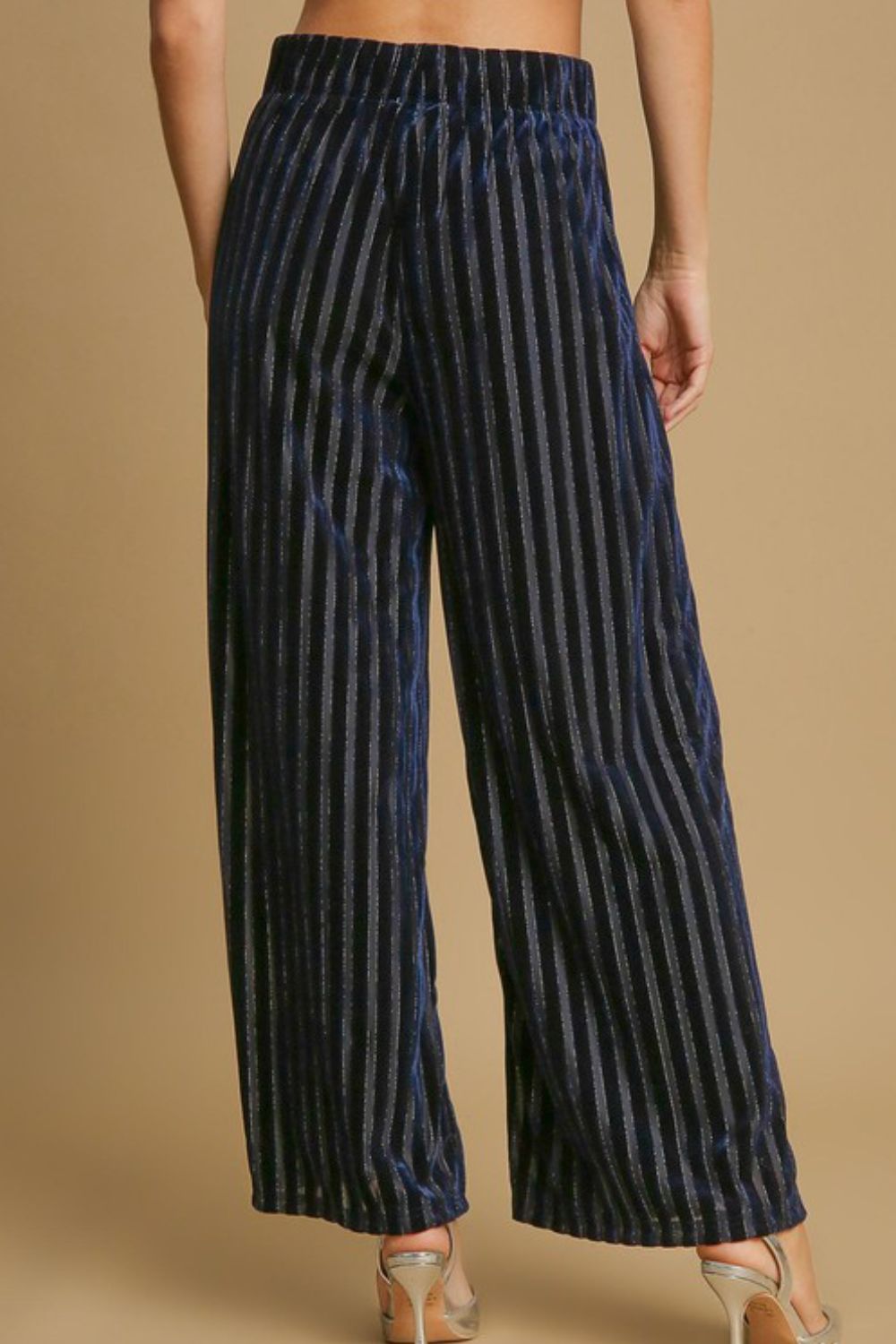 Umgee Navy Elastic Waist Striped Wide Leg Velvet Pants Pants