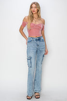 RISEN Medium Acid Washed High Rise Cargo Flare Jeans Trendsi