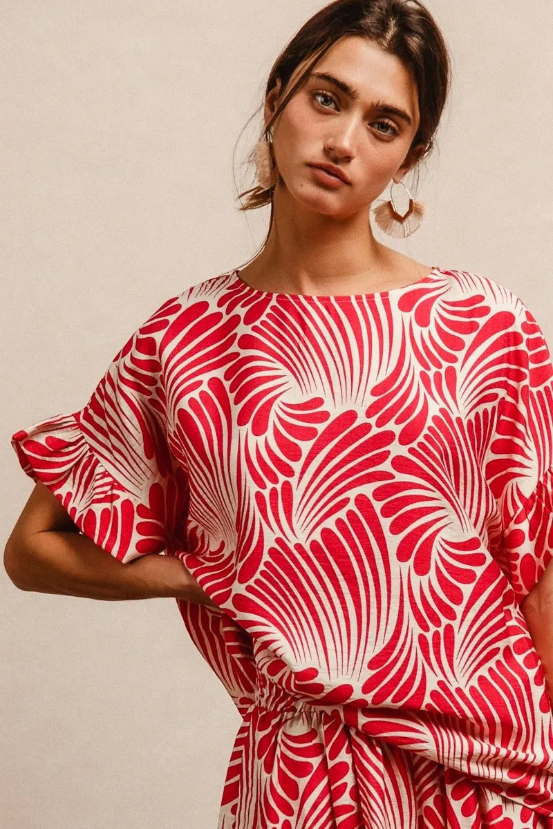 BiBi Print Woven Ruffled Sleeves Blouse