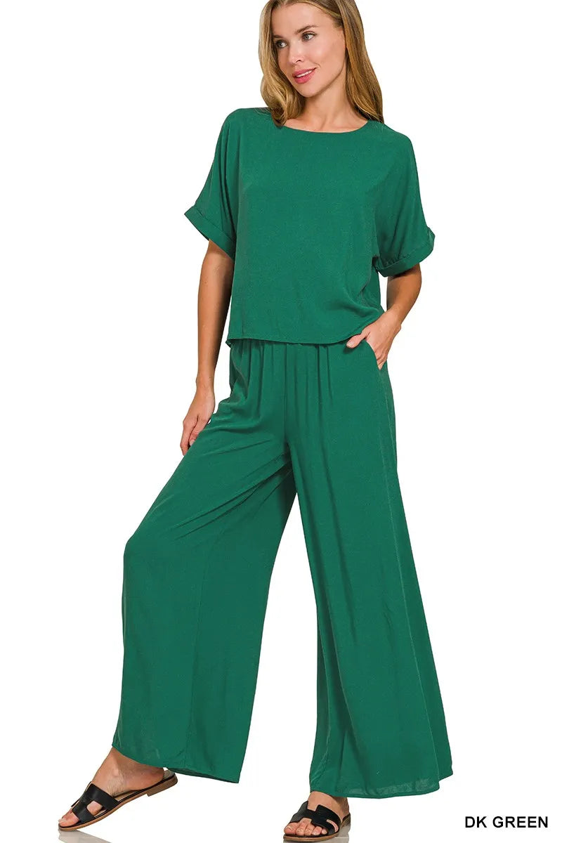 Zenana Dark Green Round Neck T-Shirt and Wide Leg Pants Set DK GREEN
