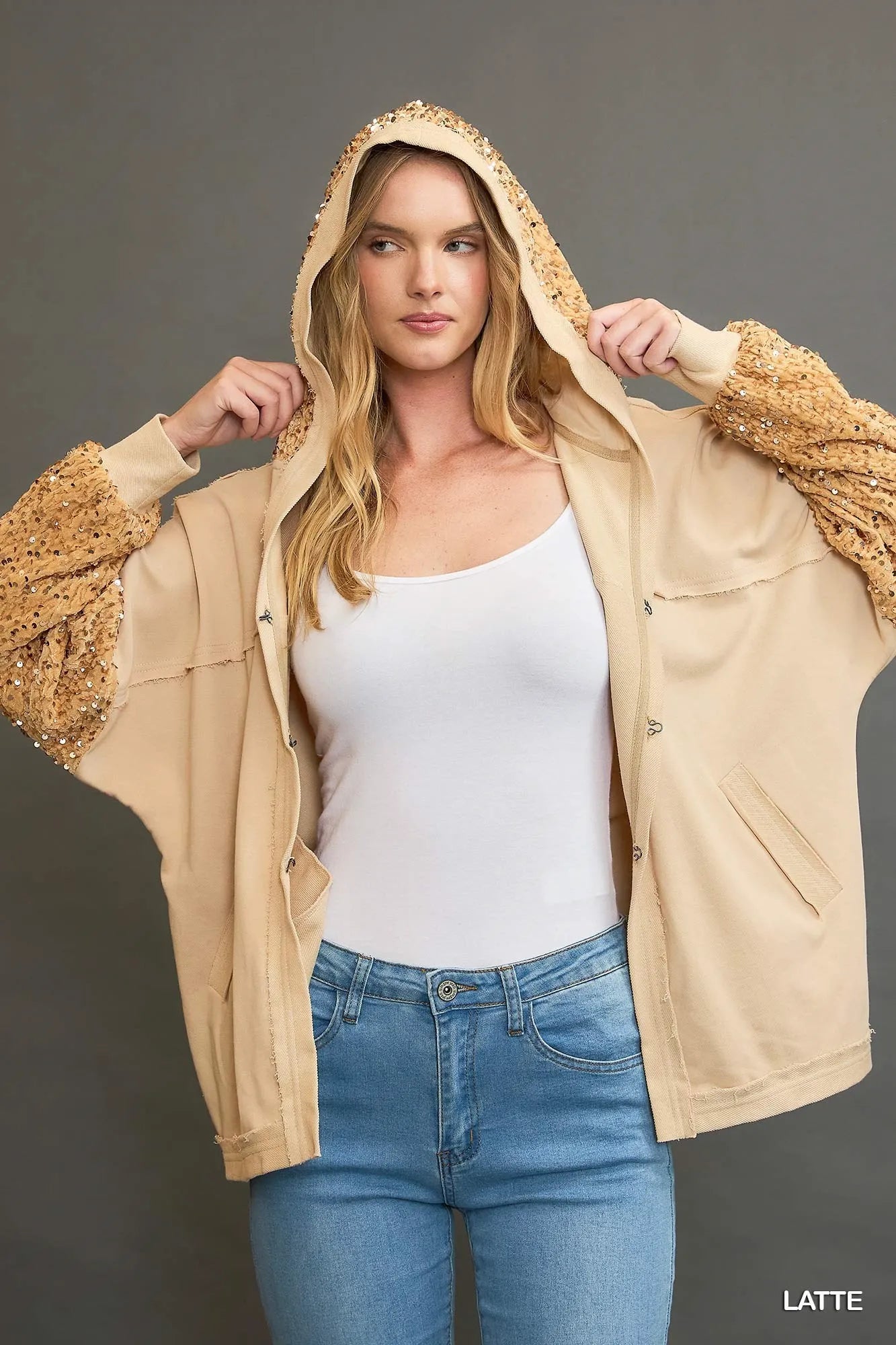 Umgee Latte Sequined French Terry Jacket LATTE