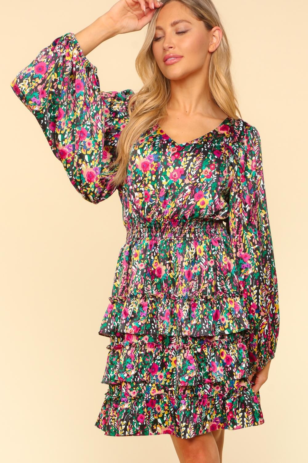 Haptics V-Neck Satin Floral Layered Dress Trendsi