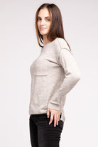 Zenana 9 Colors Melange Hi-Low Hem Round Neck Chest Pocket Sweater Shirts & Tops