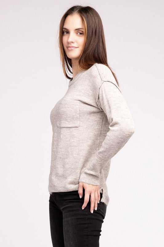 Zenana 9 Colors Melange Hi-Low Hem Round Neck Chest Pocket Sweater ZENANA