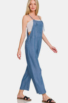 Zenana Washed Adjustable Strap Wide Leg Denim Overalls in Dusty Blue Jumpsuits & Rompers