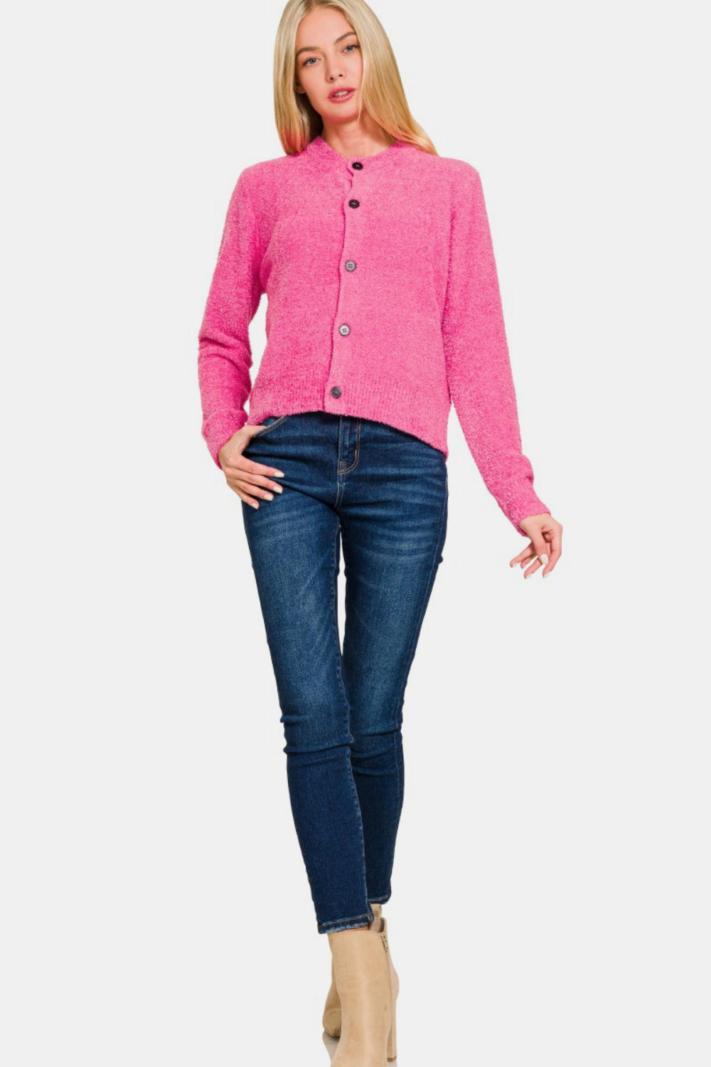 Zenana Fuchsia Button Down Long Sleeve Sweater Cardigan Trendsi