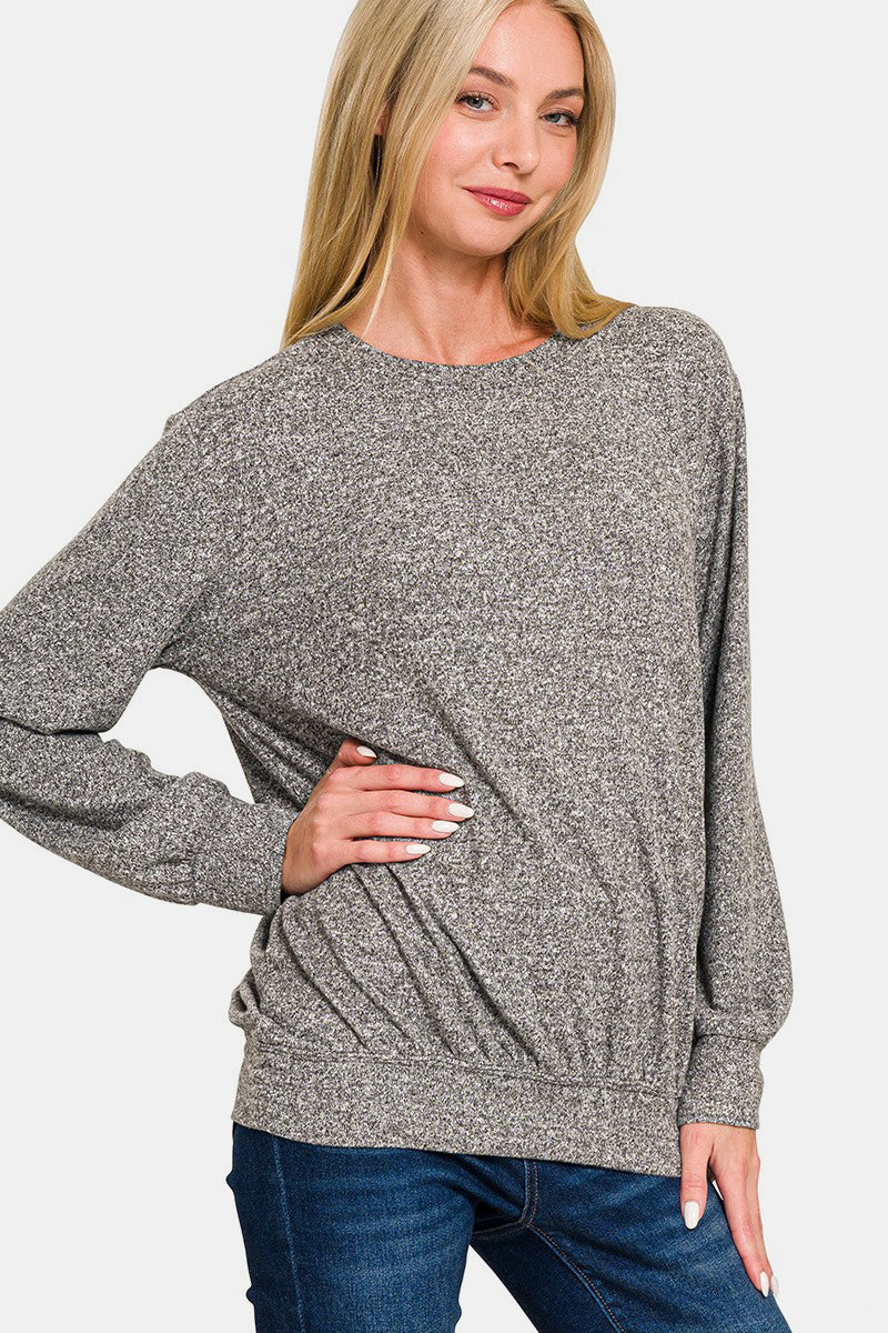 Zenana Soft Melange Round Neck Long Sleeve Top Shirts & Tops