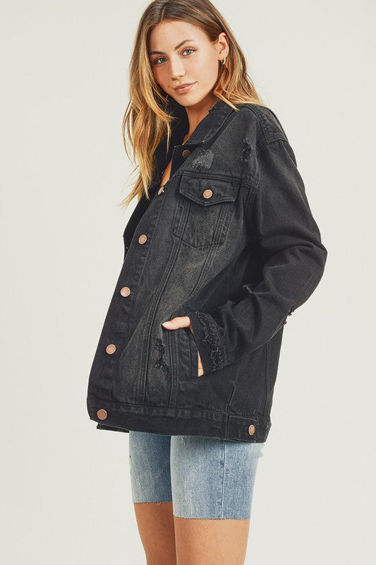 RISEN Black Distressed Long Sleeve Denim Jacket Coats & Jackets