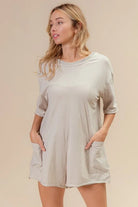 BiBi Oatmeal Short Sleeve Back Open Washed Romper
