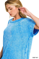 Zenana Deep Sky Washed Ribbed Cuffed Short Sleeve Round Neck Top