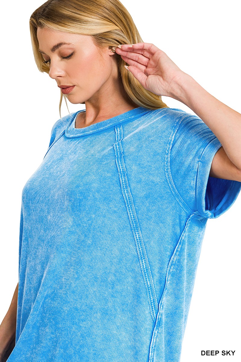 Zenana Deep Sky Washed Ribbed Cuffed Short Sleeve Round Neck Top