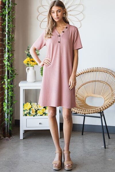 Heimish Solid Ribbed Rose Mini Dress with Buttons