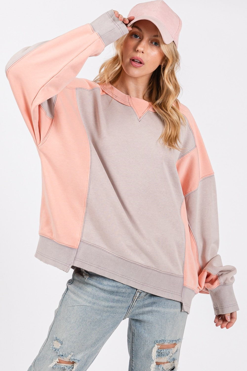 SAGE + FIG Gray & Peach Color Block Round Neck Sweatshirt Trendsi