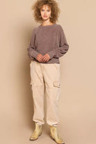 POL Chocolate Round Neck Backless Sweater with Ribbed Edge