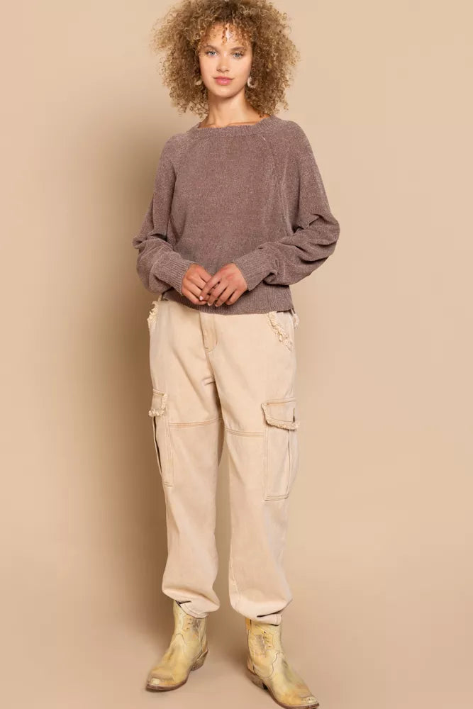 POL Chocolate Round Neck Backless Sweater with Ribbed Edge