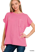 Zenana Fuchsia Raised Rib Front Pocket Boxy Top FUCHSIA