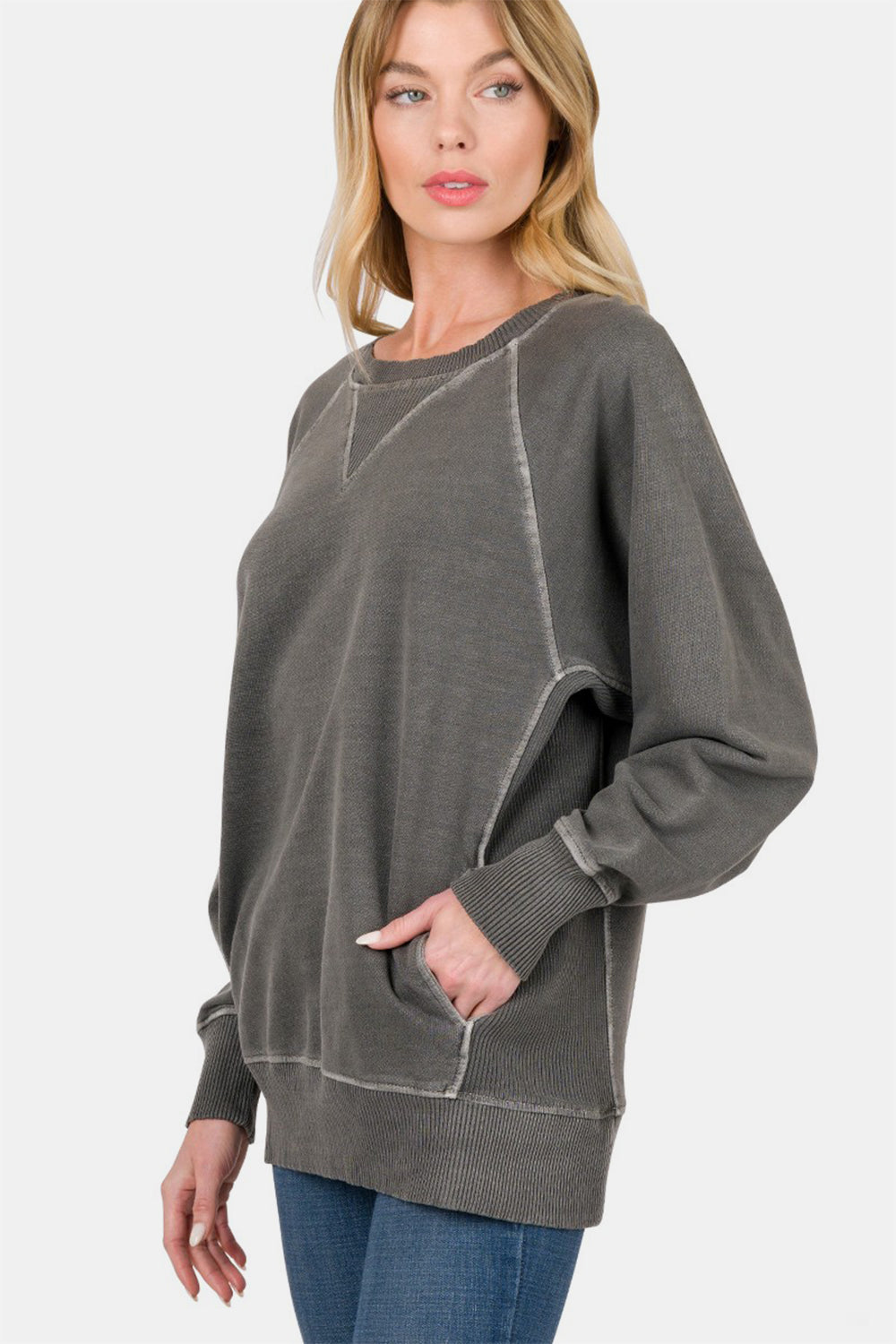 Zenana Washed Black Round Neck Long Sleeve Sweatshirt Black Trendsi