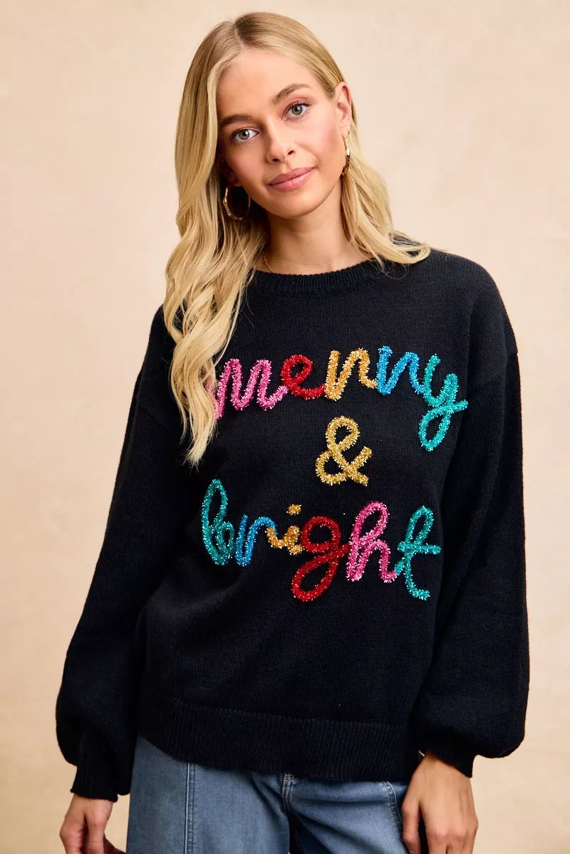 BiBi Black Tinsel Lettering Merry & Bright Christmas Sweater