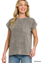 Zenana Ash Black Halo Snow Washed Cuffed Short Sleeve Tee ASH BLACK