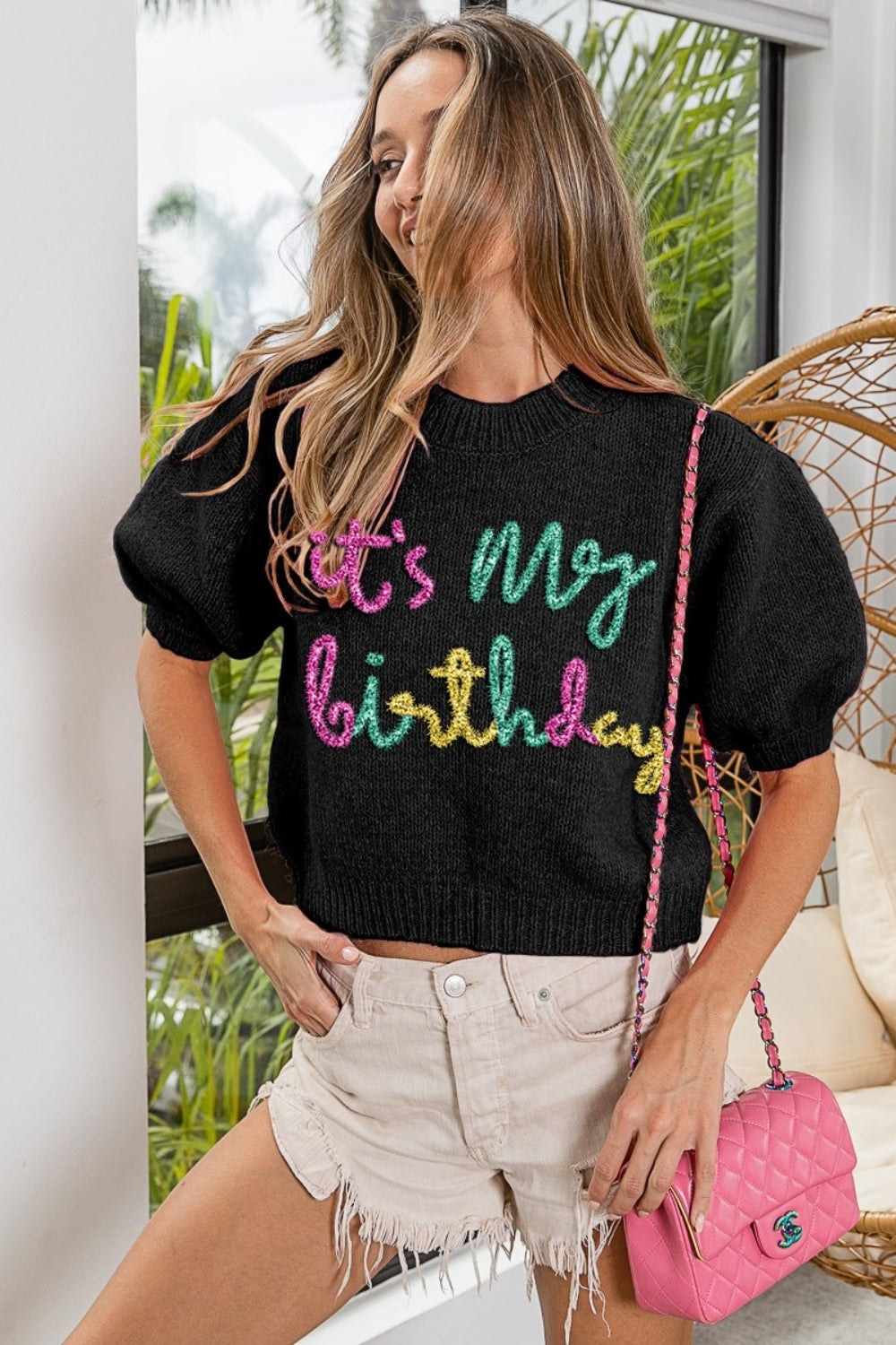 BiBi It’s My Birthday Metallic Letter Puff Sleeve Sweater in Black Trendsi