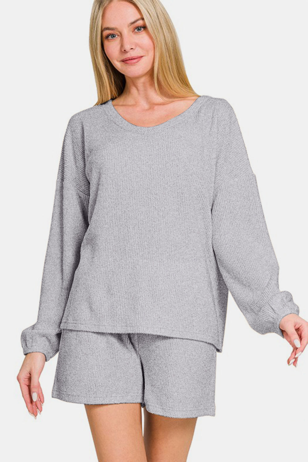 Zenana Gray V-Neck Long Sleeve Ribbed Top and Shorts Set Gray Loungewear