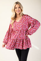 Celeste Magenta Floral V-Neck Balloon Sleeve Blouse