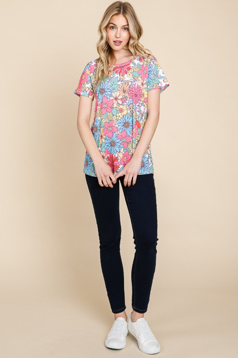 BOMBOM Multi Color Floral Short Sleeve T-Shirt Trendsi