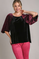 Umgee Round Neck Leopard Balloon Sleeve Velvet Top Black