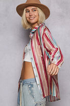 POL Pink Multi Striped Button-Down Oversized Shirt