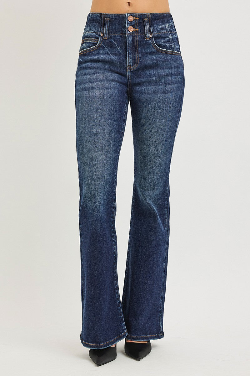 RISEN Dark Washed High Rise Flare Jeans With Seam Detail Waistband