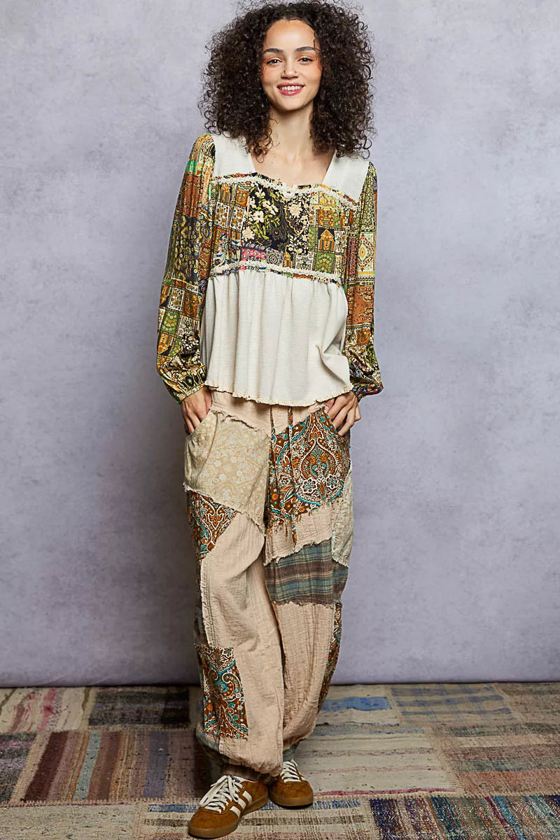 POL Balloon Sleeve Peplum Blouse with Trim Detail