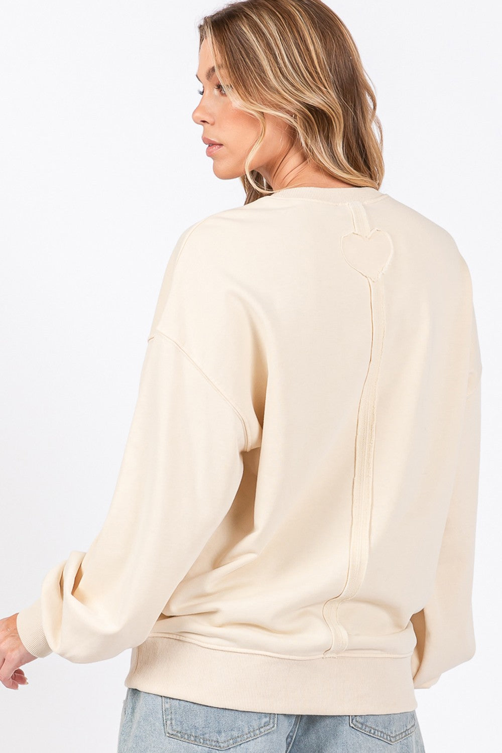 SAGE + FIG Ivory LOVE Path Applique Drop Shoulder Sweatshirt Trendsi