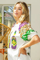 BiBi Sequin Mardi Gras Bottles Spangled Sleeve Top