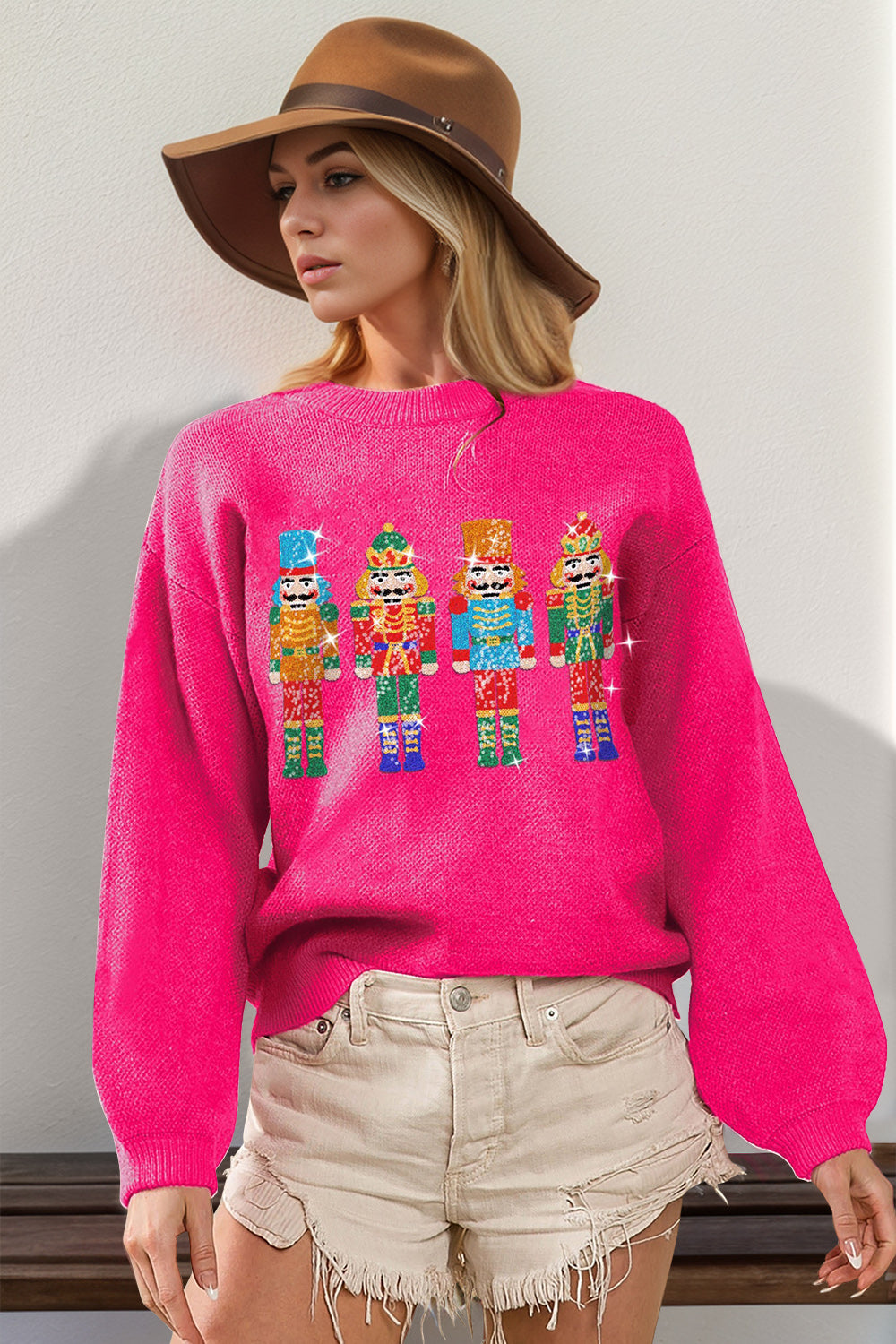 Preorder: Double Take Sequin Nutcracker Long Sleeve Sweater Hot Pink Trendsi