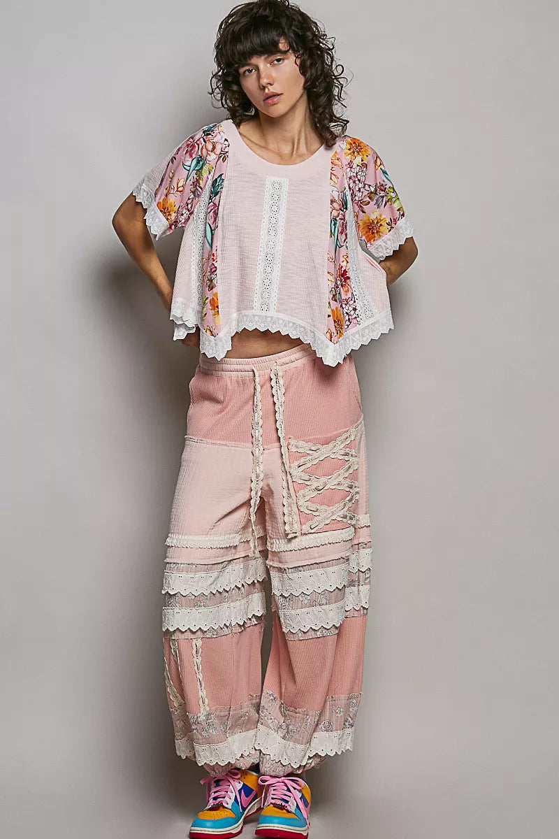 POL Round Neck Ribbed Cropped Top with Lace Detail