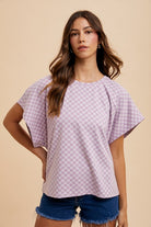 Annie Wear Lavender Checkered Round Neck Short Sleeve T-Shirt