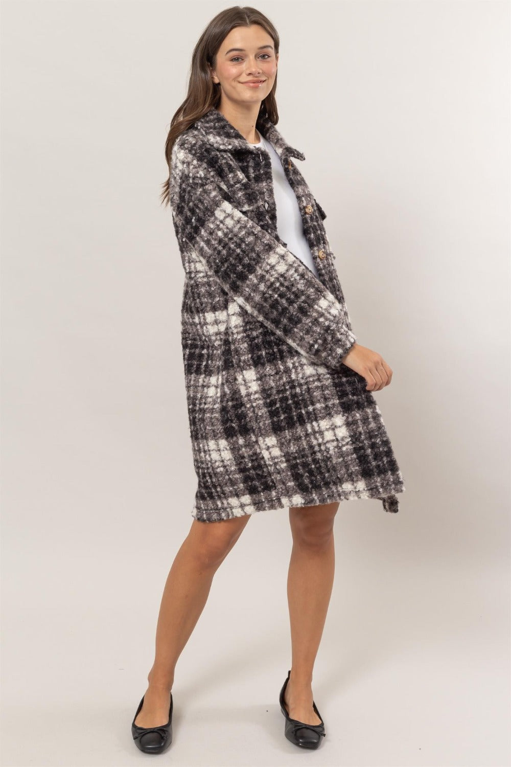 HYFVE Black Plaid Button Down Longline Shacket Trendsi