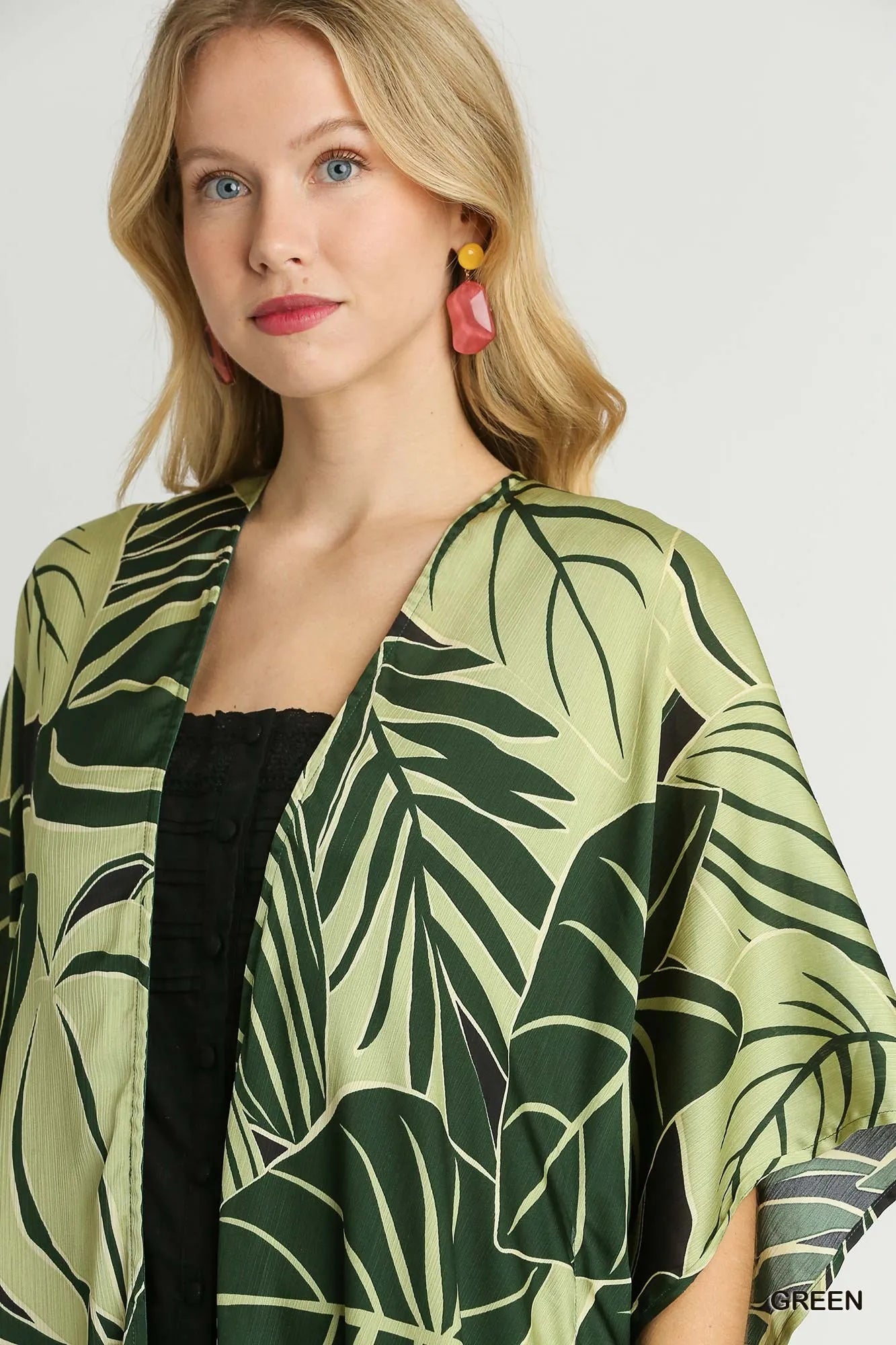 Umgee Green Satin Tropical Plant Print Open Front Kimono with Ruffle Details