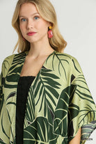Umgee Green Satin Tropical Plant Print Open Front Kimono with Ruffle Details