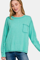 Zenana Turquoise Contrast Stitching Brushed Ribbed Hacci Knit Top Turquoise