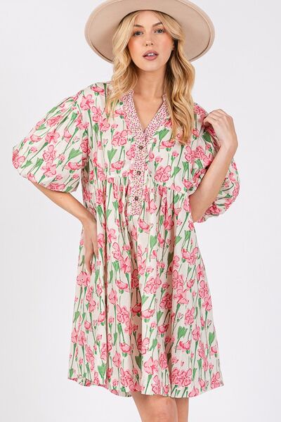 SAGE + FIG Pink Floral Half Button Notched Puff Sleeve Dress