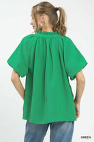 Umgee Green Puff Sleeve Ruffle Neck Tunic Blouse